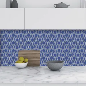 Kitchen wall tile sticker detail showcasing blue and white geometric pattern and modern decor.