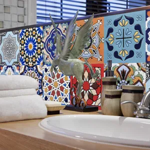 Moroccan retro self-adhesive tile stickers detail view showing vibrant colorful geometric patterns.