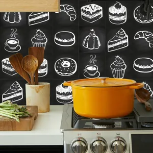 Chalkboard style kitchen tile stickers, retro black and grey dessert patterns for wall decor.