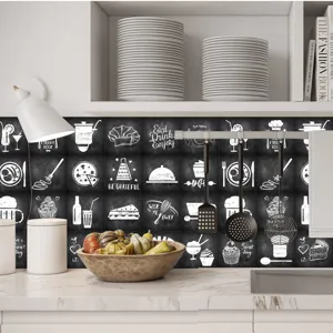 Retro grey chalkboard kitchen tile sticker, self-adhesive waterproof wall mural for home decor.