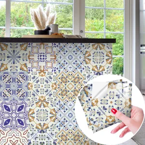 Moroccan vintage self-adhesive tile sticker detail showing peeling backing paper process.