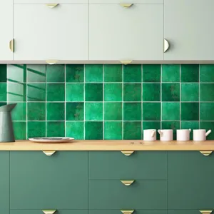Vista detallada adhesivos de azulejos verdes, decoracion cocina retro, lamina mural adhesiva