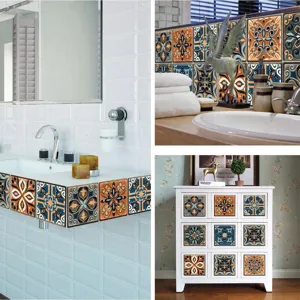 Detalle de pegatinas retro para azulejos con patrones de mosaico vintage azules y naranjas.