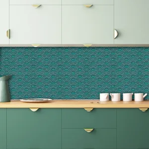 Kitchen backsplash tile sticker detail, fish scale self adhesive PVC wall decor close up.