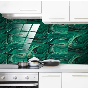 Detail view of green marble kitchen tile sticker, waterproof crystal texture backsplash wallpaper.