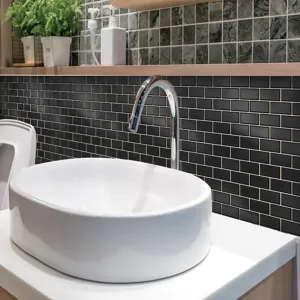 Black peel and stick subway tile sticker for bathroom backsplash, waterproof PVC wall decor.