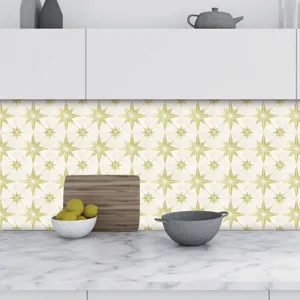PVC self-adhesive geometric star tile sticker for kitchen wall decor DIY home renovation.