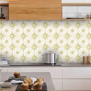Self-adhesive PVC mosaic tile wall sticker, gold star pattern DIY home kitchen decor.