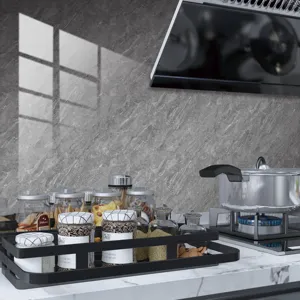 Adhesivo de pared de cocina de mármol gris, salpicadero de azulejos cristal, impermeable.