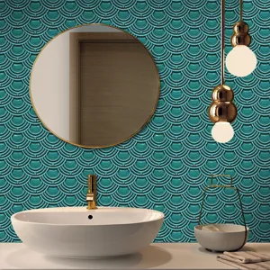 Teal fish scale mosaic tile sticker, self-adhesive PVC waterproof wall decor detail.