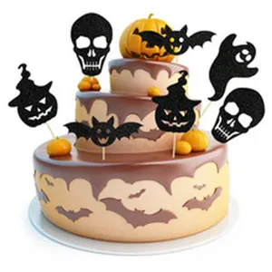 Halloween cake toppers glitter spooky skull bat ghost cupcake picks party decor set