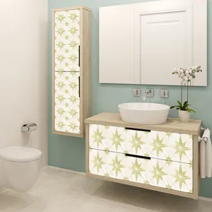 Self-adhesive PVC wall tile sticker featuring geometric star pattern for modern bathroom decor.