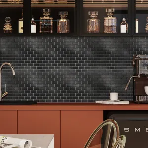 Detailed view of self-adhesive black subway tile PVC wall sticker for home DIY decor.