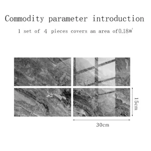 Primer plano detallado que muestra cuatro pegatinas de azulejos de mármol oscuro con medidas.