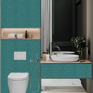 Teal fish scale mosaic tile sticker, self-adhesive waterproof PVC wallpaper for bathroom decor.