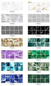 Marble texture tile stickers detail grid showing various colorful decorative patterns.