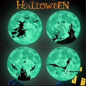 Halloween luminous wall stickers green glowing moon witch castle bats spooky decor set 4pcs