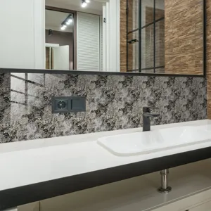 Detailed view of marble effect tile sticker, waterproof self-adhesive wall decor.