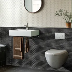 Detailed view of self-adhesive DIY mosaic tile sticker, modern decorative PVC wall tile for home.
