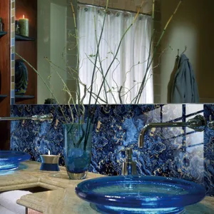 Close-up detail of luxury blue and gold marble tile sticker, crystal textured waterproof backsplash.
