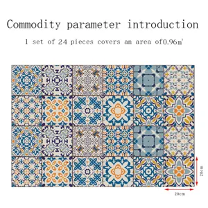 Vista dettagliata di adesivi per piastrelle mandala, 20x20cm, design retrò blu e giallo.