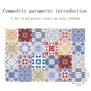 Vista dettagliata adesivi per piastrelle mandala, set 24 pezzi pellicola, 15x15cm.