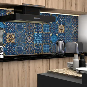 Adesivi per piastrelle mandala dettaglio, blu e giallo impermeabile decorazione murale.