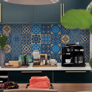 Adesivi per piastrelle mandala cucina paraschizzi, pellicola murale decorativa blu e oro.