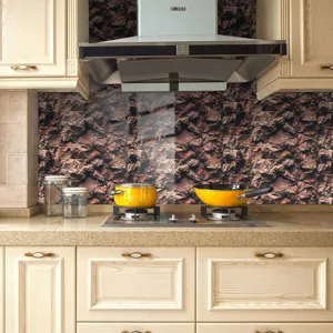 Detailed kitchen scene showcasing textured stone pattern wall sticker for easy home decoration.