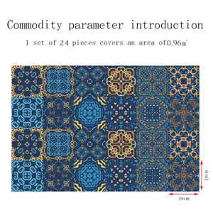 Dettaglio adesivo per piastrelle mandala con 24 pezzi 20x20cm motivo geometrico blu e oro.