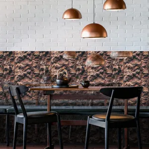 Detail scene showing the rock texture decorative wall sticker applied in modern dining room decor.