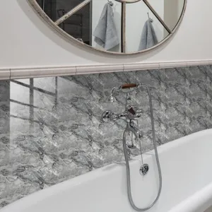 Detailed view of grey marble pattern tile sticker, waterproof wall decor for modern bathroom.