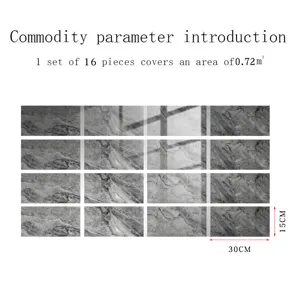Detailed view of the 16pcs marble pattern crystal film wall tile stickers with size info.