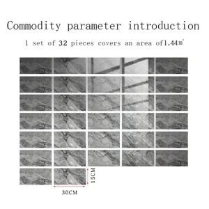 Marble pattern tile sticker detail showing dimensions, 32 pieces covering 1.44 square meters.