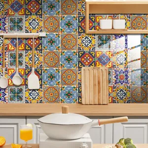 Retro tile sticker detail view, waterproof self-adhesive wall paper for kitchen and home decor.