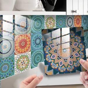 Autocollants de Carrelage en PVC Imperméables Motif Mandala Papier Peint Adhésif pour Cuisine Salon Décoration