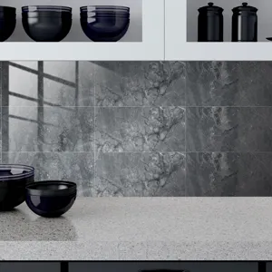 Dark grey marble texture tile wall sticker, crystal film surface, kitchen decor detail view.