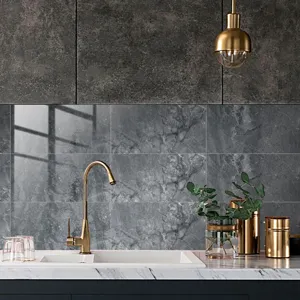 Detail view of dark grey marble tile stickers with crystal film, waterproof wall decor.