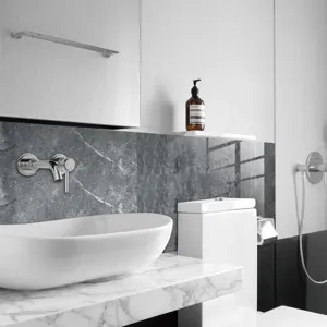 Detail view of marble texture waterproof tile sticker, ideal for modern bathroom wall decoration.