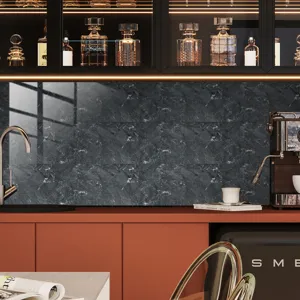 Detailed view of dark marble texture tile sticker, waterproof wall decor for kitchen.