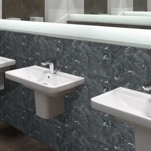 Detailed view of dark marble texture waterproof tile sticker with crystal film finish.
