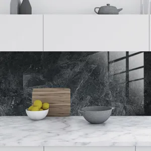 Black marble pattern wall tile sticker with crystal film, kitchen decoration detail.