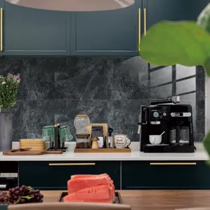 Dark marble pattern wall sticker kitchen backsplash detail view, waterproof and oil-proof design.