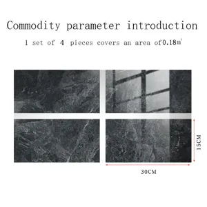 Detail view of imitation marble tile stickers, 4 pieces set, size 30x15cm, easy wall decor.