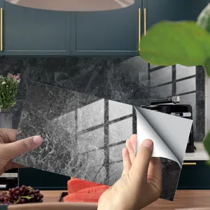 Black marble texture tile sticker, waterproof self-adhesive wall paper for kitchen decor.
