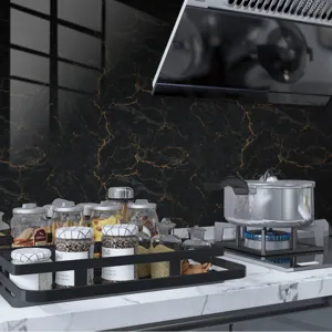 Black marble pattern tile sticker, waterproof wall paper for kitchen renovation decor.
