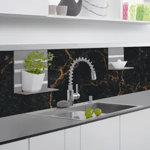 Black marble tile sticker for kitchen wall decor, waterproof self-adhesive wallpaper.