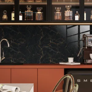 Black marble texture tile sticker with thickened crystal film for kitchen backsplash and wall decor.