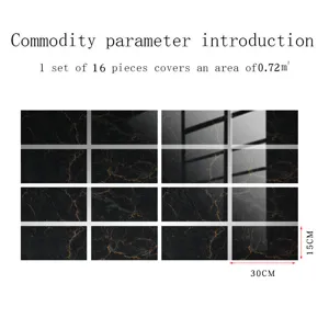 Black marble pattern tile sticker detail view, 30x15cm size spec display, waterproof wall decor
