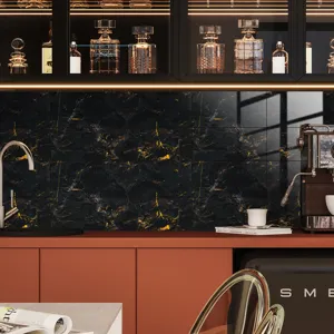Detail shot of black marble pattern wall tile sticker, glossy crystal film finish for kitchen.